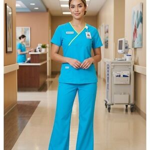 Urbane Teal V-Neck Scrub Set with Contrast Trim